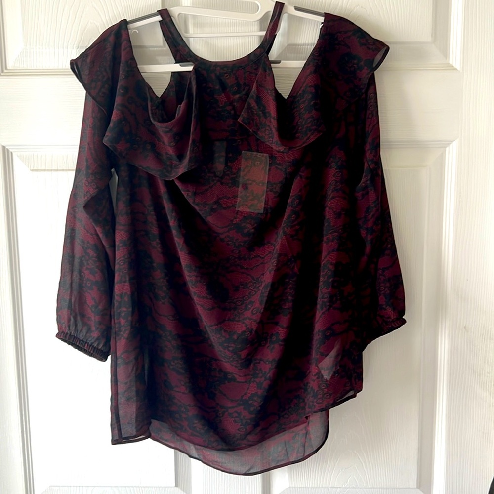 Black and burgundy sheer floral top w shoulder cutout and long sleeves